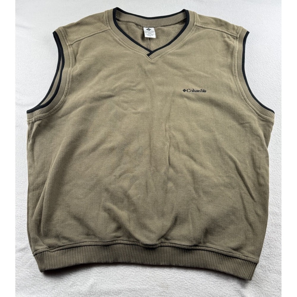 Columbia Men's XXL Cotton V-Neck Pullover Golf Sweater Vest Tan Black Trim